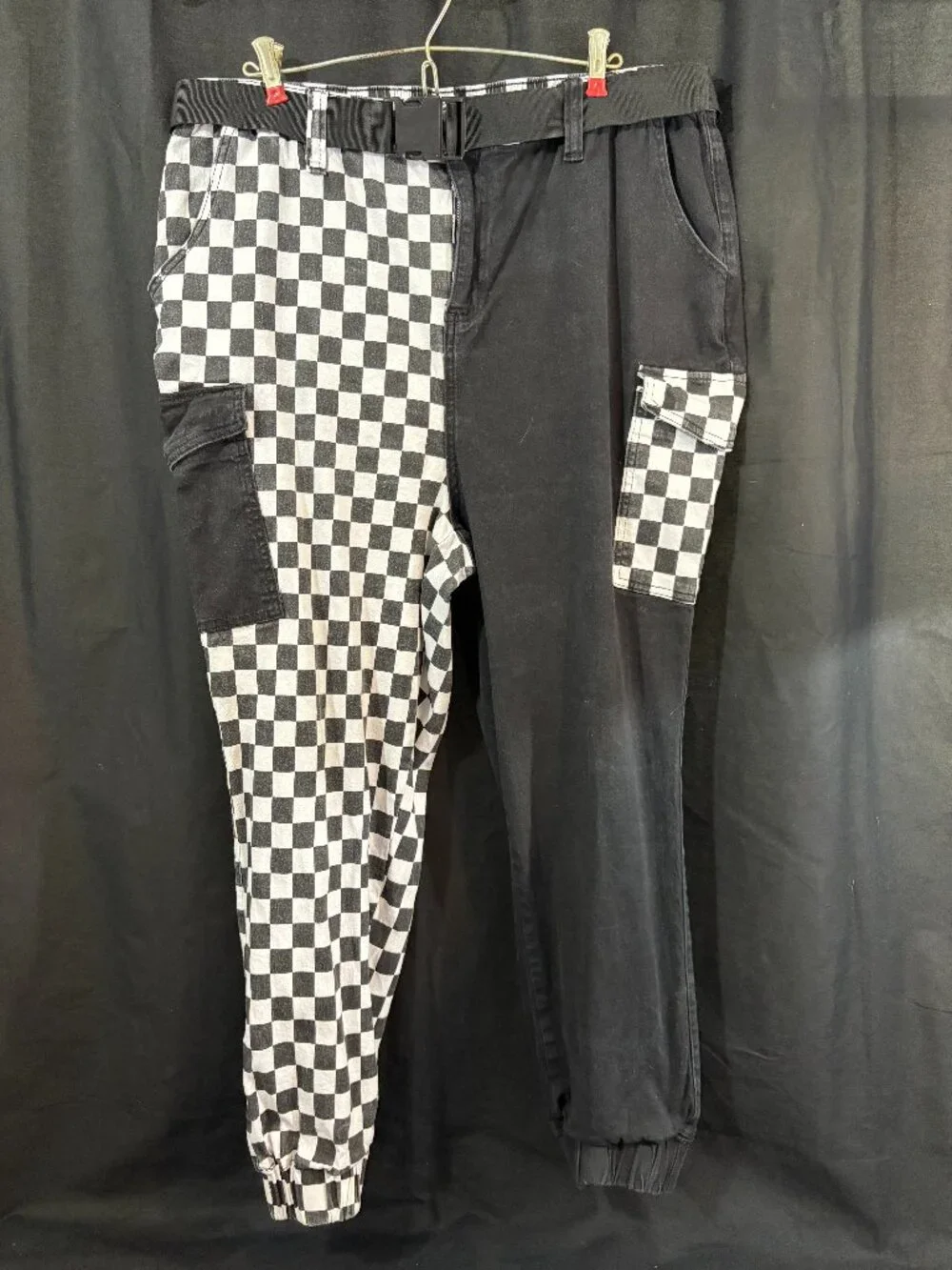 Hot Topic Black White Checkered Split Cargo Jogger Pants Belted